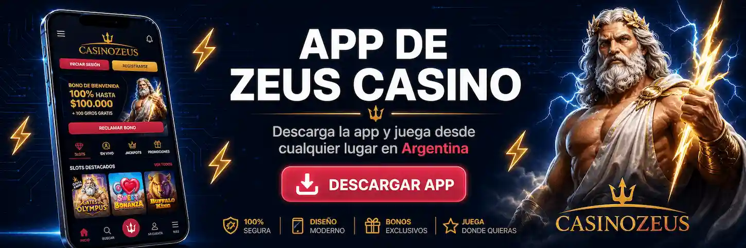 App de Zeus Casino Argentina en pantalla de smartphone con interfaz oscura, botón de descarga y rayos dorados decorativos.