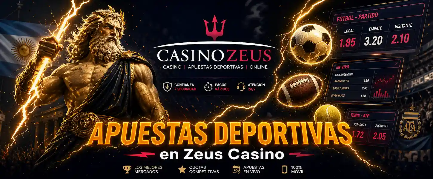 Apuestas deportivas en Zeus Casino Argentina: Zeus con rayo dorado junto a balón de fútbol y cuotas en pantalla.