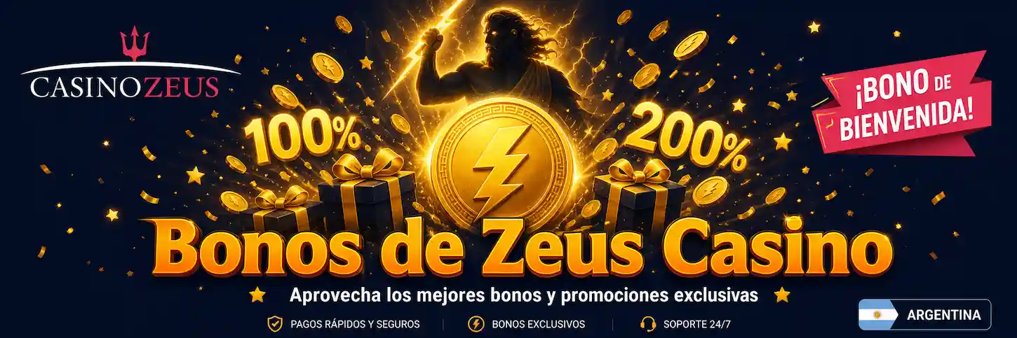 Bonos de Zeus Casino Argentina: bienvenida, giros gratis y promociones especiales representados con monedas y rayos dorados.