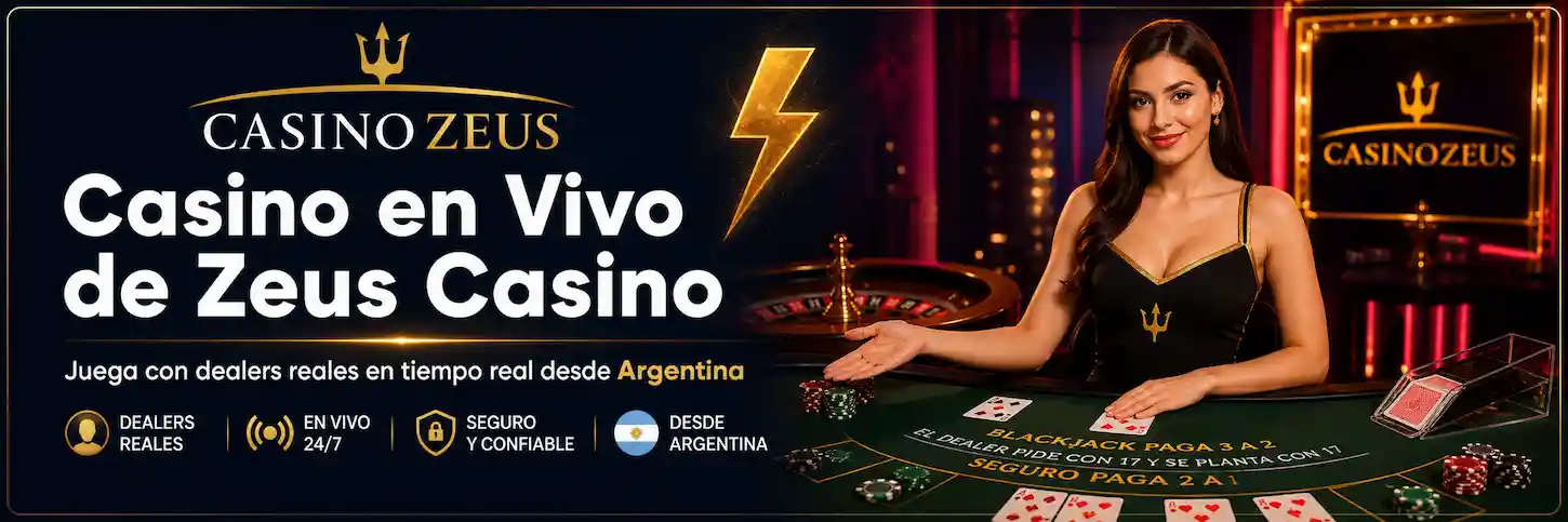 Casino en vivo de Zeus Casino Argentina con dealer real en mesa de ruleta, ambiente oscuro y luces doradas en tiempo real.