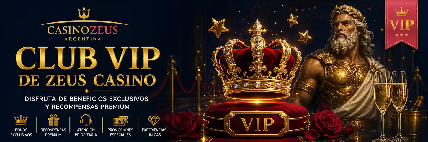 Club VIP de Zeus Casino Argentina con niveles de membresía, recompensas exclusivas y figura de Zeus con corona dorada.
