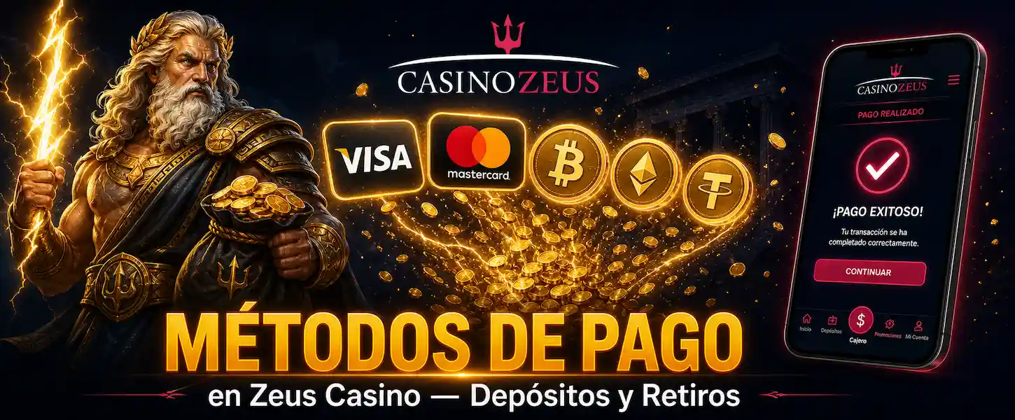 Métodos de pago en Zeus Casino Argentina: Visa, Mastercard, transferencia bancaria y criptomonedas sobre fondo oscuro dorado.