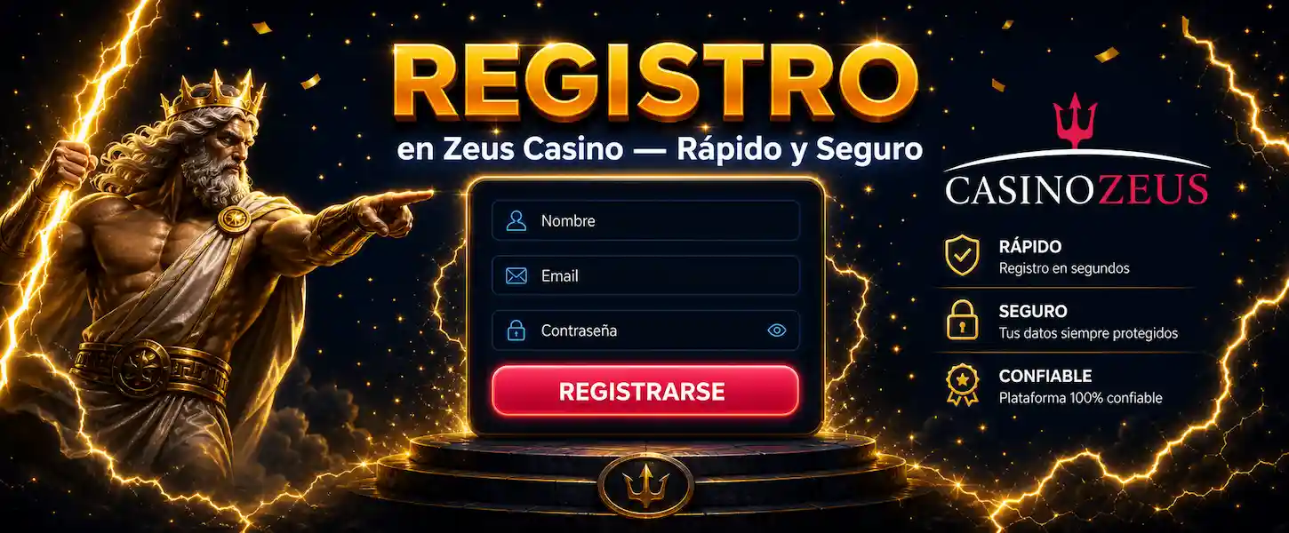 Formulario de registro en Zeus Casino Argentina con campos de datos personales, botón rojo y destellos dorados de bienvenida.